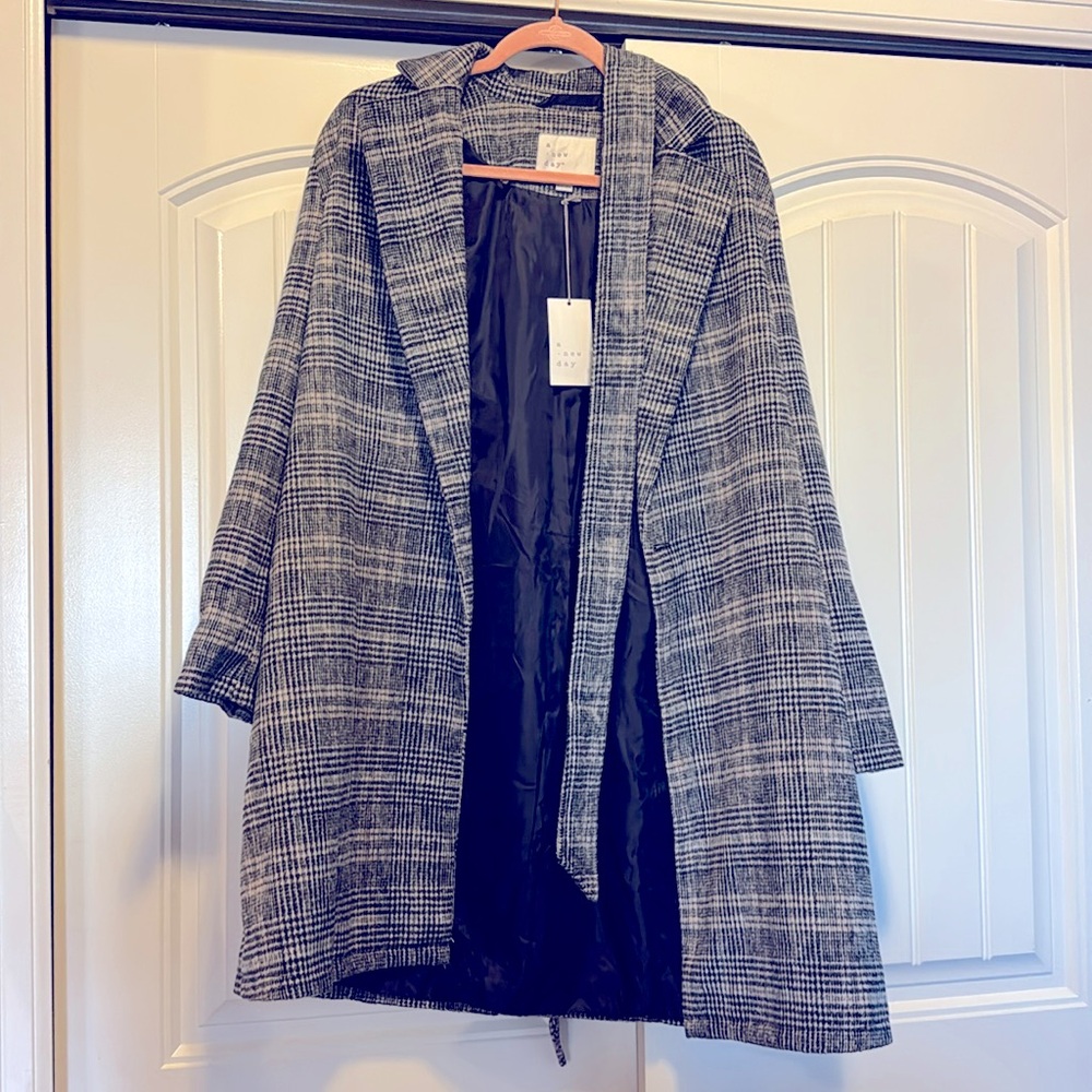 A New Day Menswear Women’s Long Plaid Coat Tie Waist